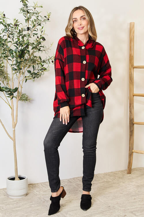 Heimish Full Size Plaid Button Front Hooded Shirt-Timber Brooke Boutique, Online Women's Fashion Boutique in Amarillo, Texas