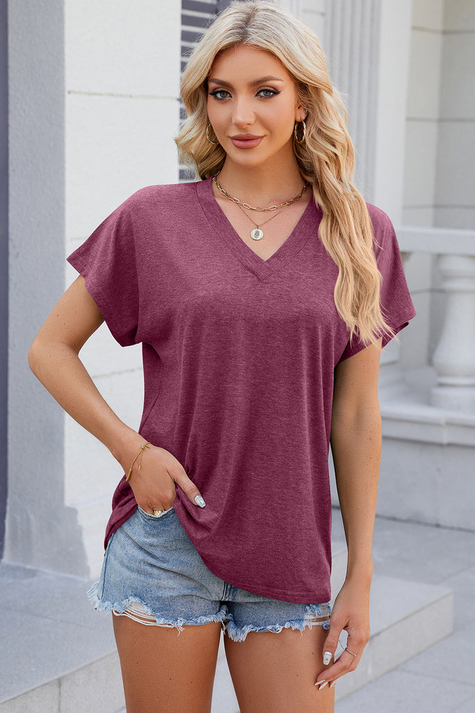V-Neck Short Sleeve T-Shirt-Timber Brooke Boutique, Online Women's Fashion Boutique in Amarillo, Texas