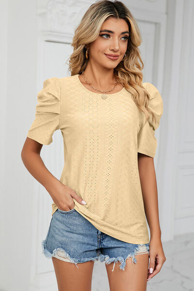 Eyelet Round Neck Puff Sleeve T-Shirt-Timber Brooke Boutique, Online Women's Fashion Boutique in Amarillo, Texas