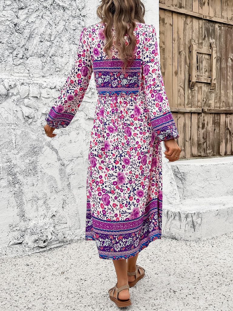 Tassel Tied Printed Long Sleeve Dress-Timber Brooke Boutique, Online Women's Fashion Boutique in Amarillo, Texas