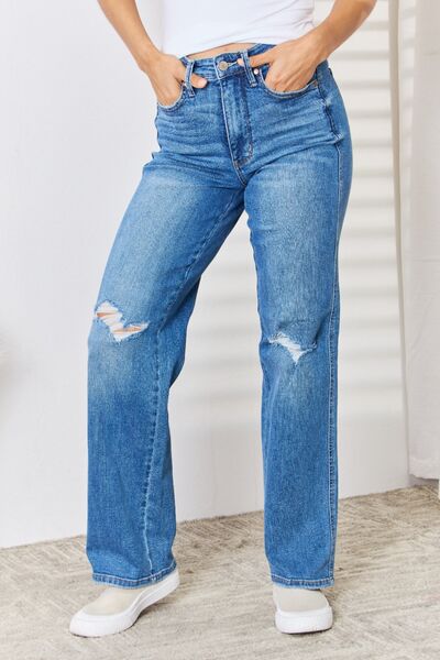 Judy Blue Full Size High Waist Distressed Straight-Leg Jeans-Timber Brooke Boutique, Online Women's Fashion Boutique in Amarillo, Texas