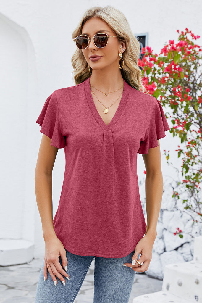 V-Neck Flutter Sleeve T-Shirt-Timber Brooke Boutique, Online Women's Fashion Boutique in Amarillo, Texas