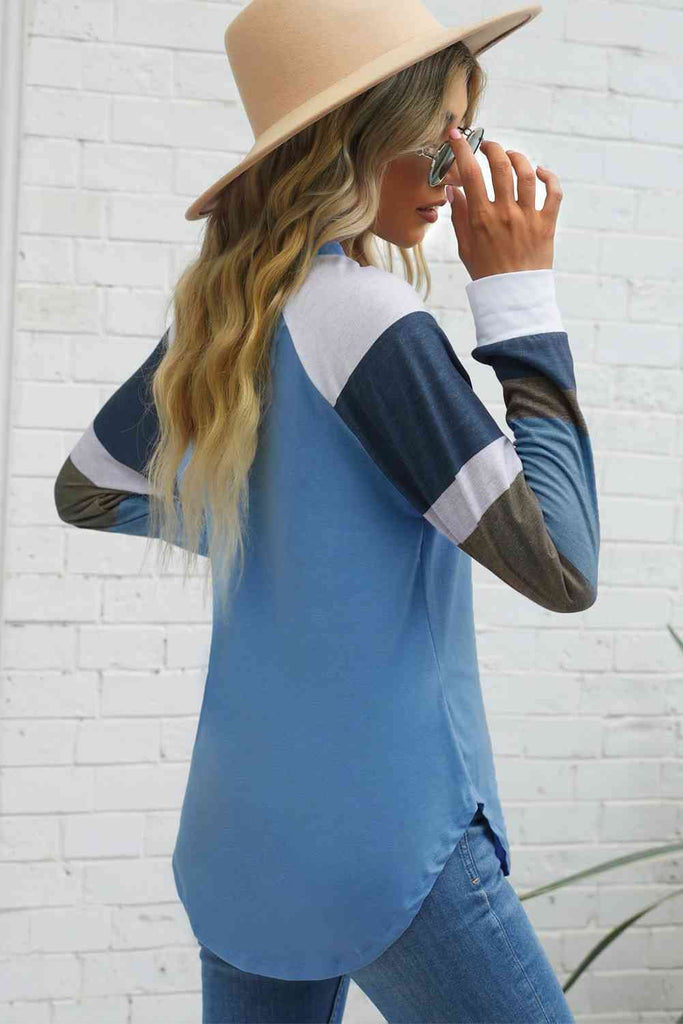 Double Take Color Block Curved Hem Long Sleeve Tee-Timber Brooke Boutique, Online Women's Fashion Boutique in Amarillo, Texas
