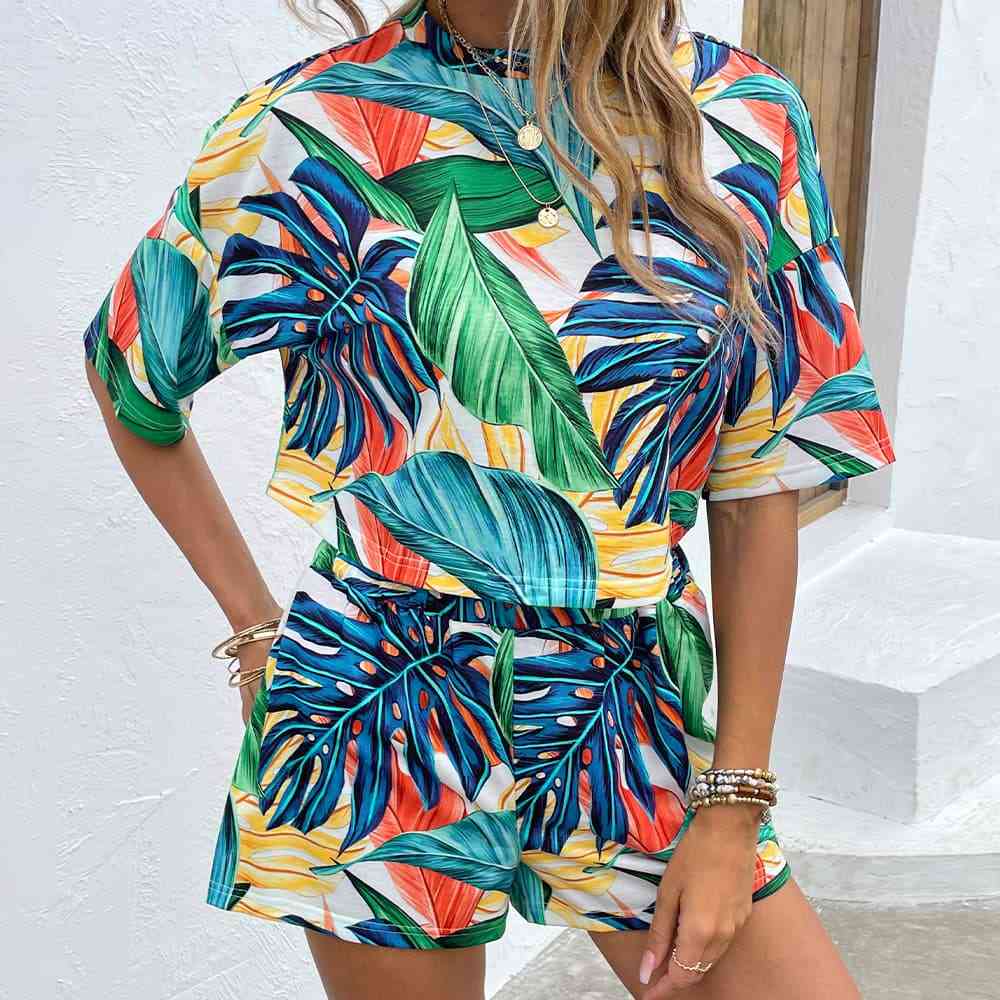 Printed Round Neck Dropped Shoulder Half Sleeve Top and Shorts Set-Timber Brooke Boutique, Online Women's Fashion Boutique in Amarillo, Texas