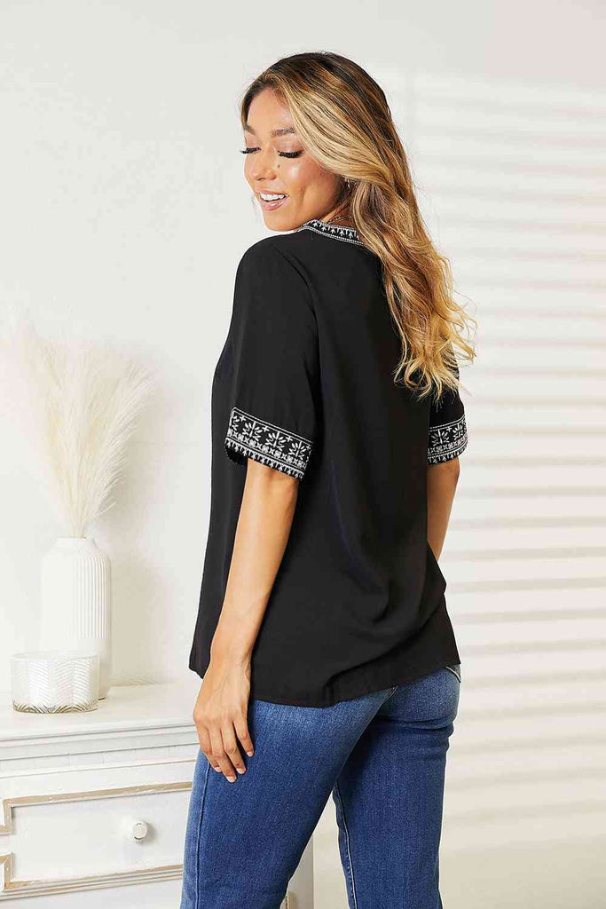 Double Take Embroidered Notched Neck Top-Timber Brooke Boutique, Online Women's Fashion Boutique in Amarillo, Texas