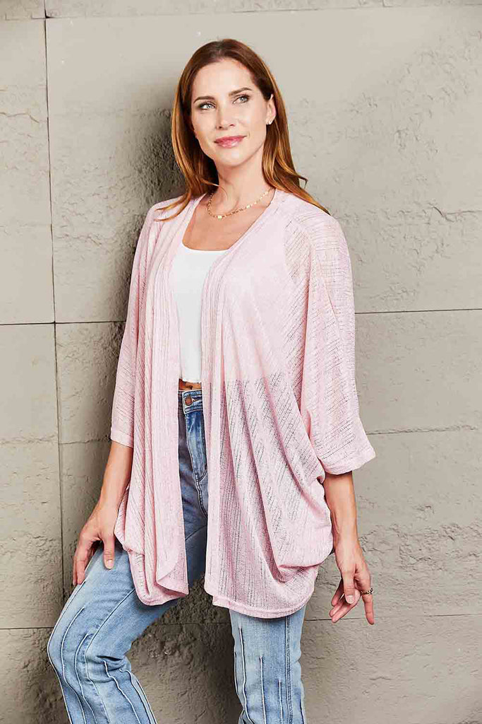 Double Take Open Front Three-Quarter Sleeve Cardigan-Timber Brooke Boutique, Online Women's Fashion Boutique in Amarillo, Texas
