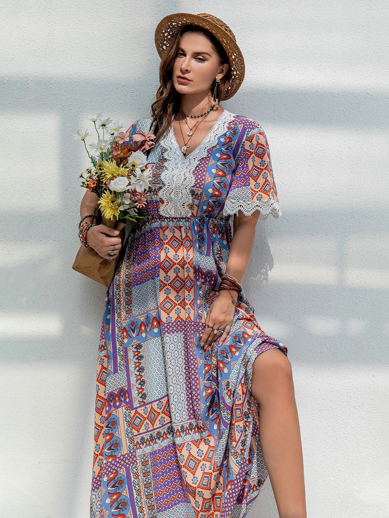 Double Take Plus Size Printed Lace Detail Short Sleeve Dress-Timber Brooke Boutique, Online Women's Fashion Boutique in Amarillo, Texas