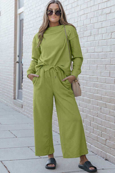 Double Take Full Size Textured Long Sleeve Top and Drawstring Pants Set-Timber Brooke Boutique, Online Women's Fashion Boutique in Amarillo, Texas