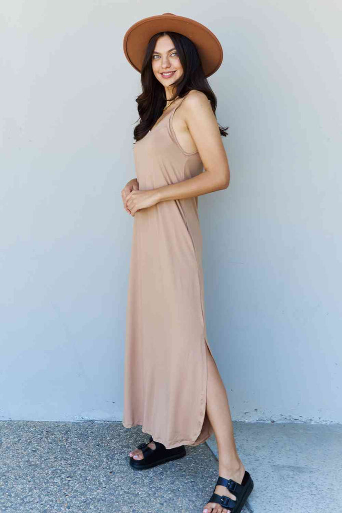 Ninexis Good Energy Full Size Cami Side Slit Maxi Dress in Camel-Timber Brooke Boutique, Online Women's Fashion Boutique in Amarillo, Texas