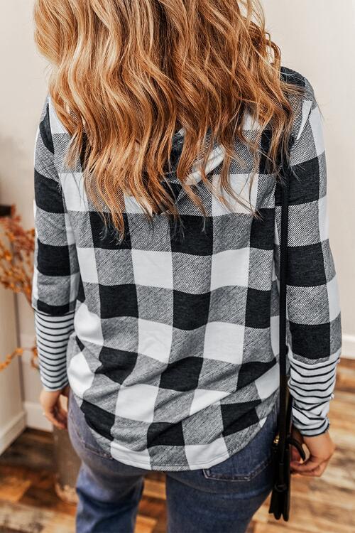 Plaid Drawstring Long Sleeve Hoodie-Timber Brooke Boutique, Online Women's Fashion Boutique in Amarillo, Texas