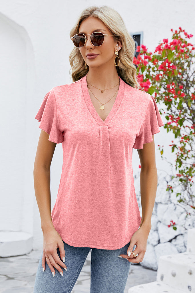 V-Neck Flutter Sleeve T-Shirt-Timber Brooke Boutique, Online Women's Fashion Boutique in Amarillo, Texas