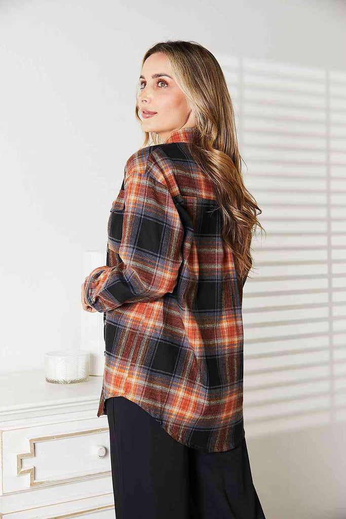 Double Take Plaid Dropped Shoulder Shirt-Timber Brooke Boutique, Online Women's Fashion Boutique in Amarillo, Texas