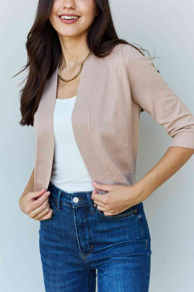 Doublju My Favorite Full Size 3/4 Sleeve Cropped Cardigan in Khaki-Timber Brooke Boutique, Online Women's Fashion Boutique in Amarillo, Texas