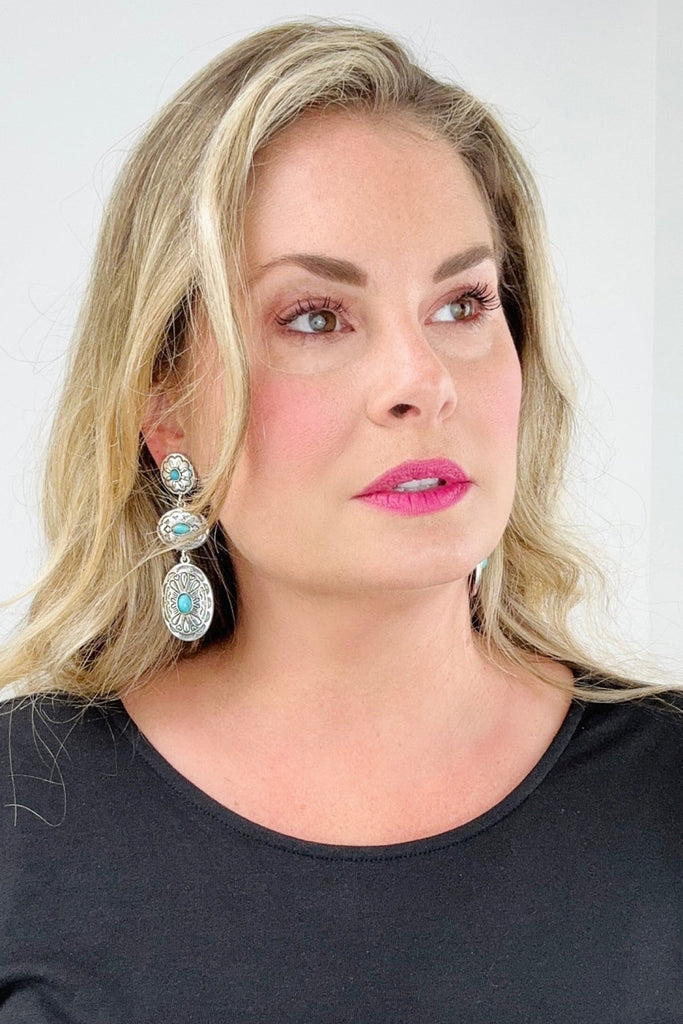 Retro Turquoise Oval Dangle Earrings-Jewelry-Timber Brooke Boutique, Online Women's Fashion Boutique in Amarillo, Texas