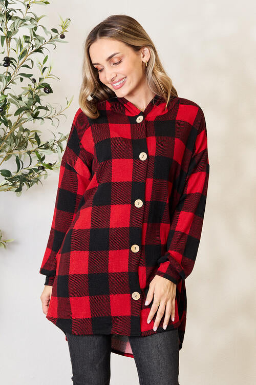 Heimish Full Size Plaid Button Front Hooded Shirt-Timber Brooke Boutique, Online Women's Fashion Boutique in Amarillo, Texas