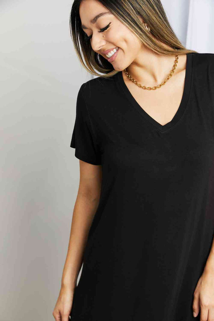 HYFVE V-Neck Short Sleeve Curved Hem Dress in Black-Timber Brooke Boutique, Online Women's Fashion Boutique in Amarillo, Texas