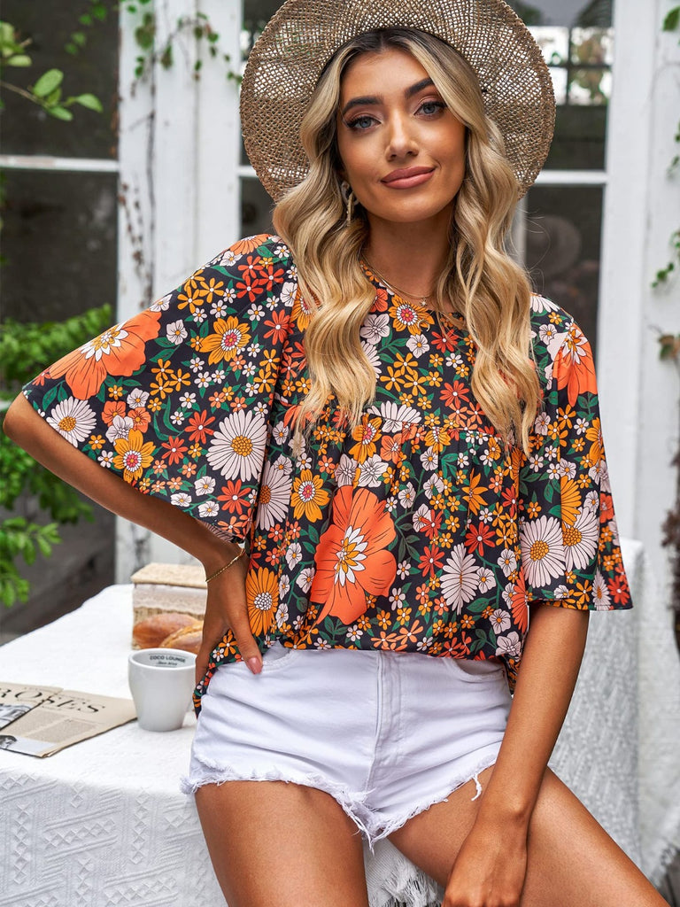 Printed Round Neck Half Sleeve Blouse-Timber Brooke Boutique, Online Women's Fashion Boutique in Amarillo, Texas