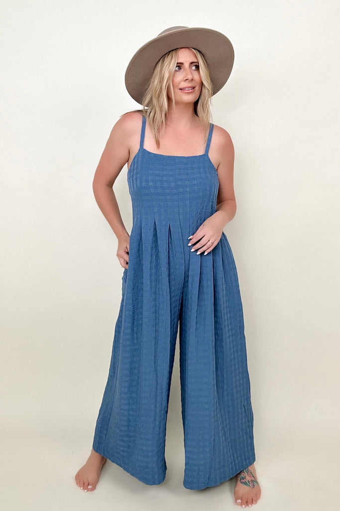 Gigio Textured Woven Spaghetti Strap Jumpsuit-Jumpsuits-Timber Brooke Boutique, Online Women's Fashion Boutique in Amarillo, Texas