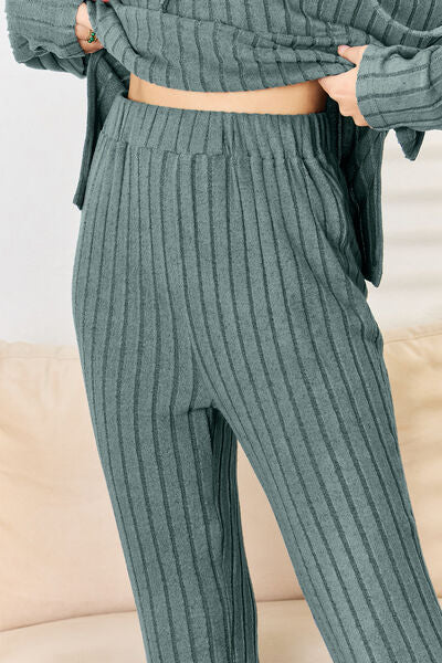 Basic Bae Full Size Ribbed Drawstring Hood Top and Straight Pants Set-Timber Brooke Boutique, Online Women's Fashion Boutique in Amarillo, Texas