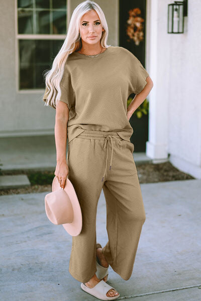 Double Take Full Size Texture Short Sleeve Top and Pants Set-Timber Brooke Boutique, Online Women's Fashion Boutique in Amarillo, Texas