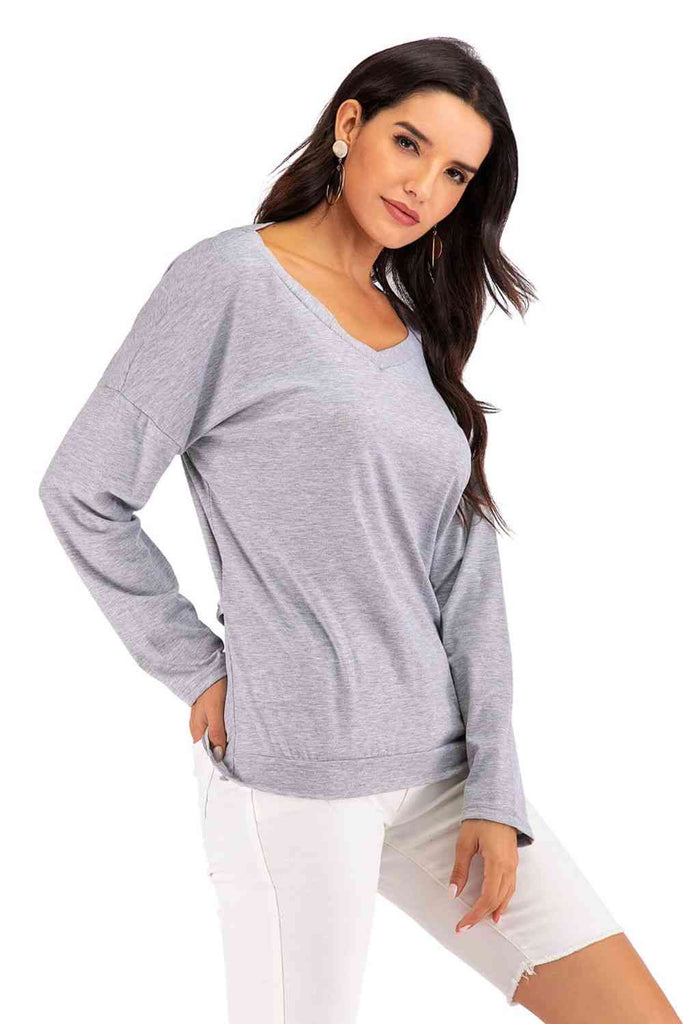 V-Neck Drop Shoulder Open Back Sweatshirt-Timber Brooke Boutique, Online Women's Fashion Boutique in Amarillo, Texas