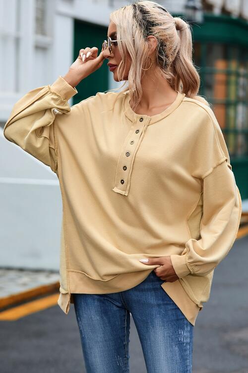Buttoned Dropped Shoulder Sweatshirt-Timber Brooke Boutique, Online Women's Fashion Boutique in Amarillo, Texas