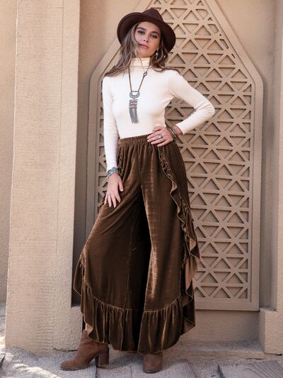 Ruffle Trim Wide Leg Slit Pants-Timber Brooke Boutique, Online Women's Fashion Boutique in Amarillo, Texas