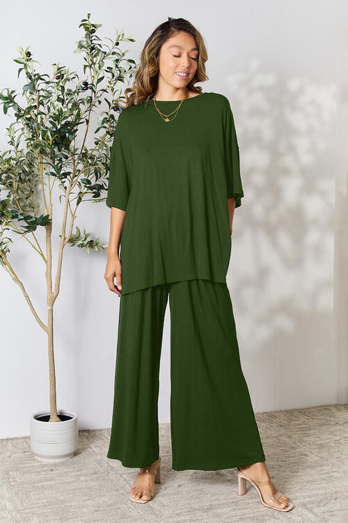 Double Take Full Size Round Neck Slit Top and Pants Set-Timber Brooke Boutique, Online Women's Fashion Boutique in Amarillo, Texas