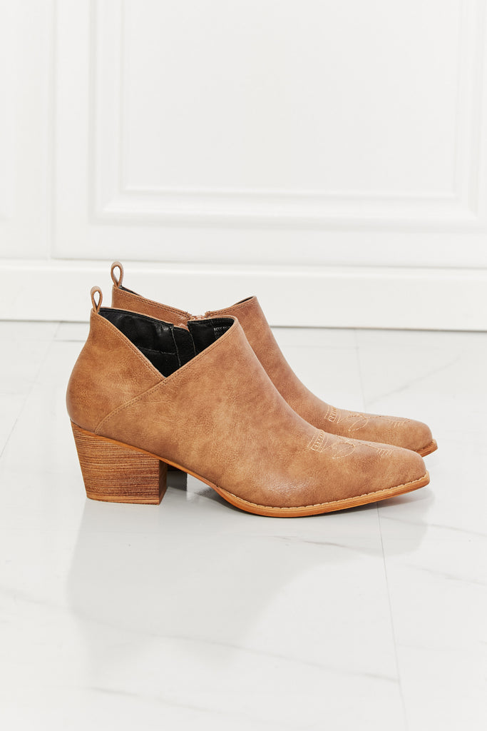 MMShoes Trust Yourself Embroidered Crossover Cowboy Bootie in Caramel-Timber Brooke Boutique, Online Women's Fashion Boutique in Amarillo, Texas