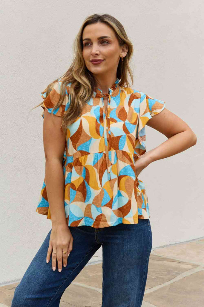 And The Why Full Size Printed Ruffle Baby Doll Top-Timber Brooke Boutique, Online Women's Fashion Boutique in Amarillo, Texas
