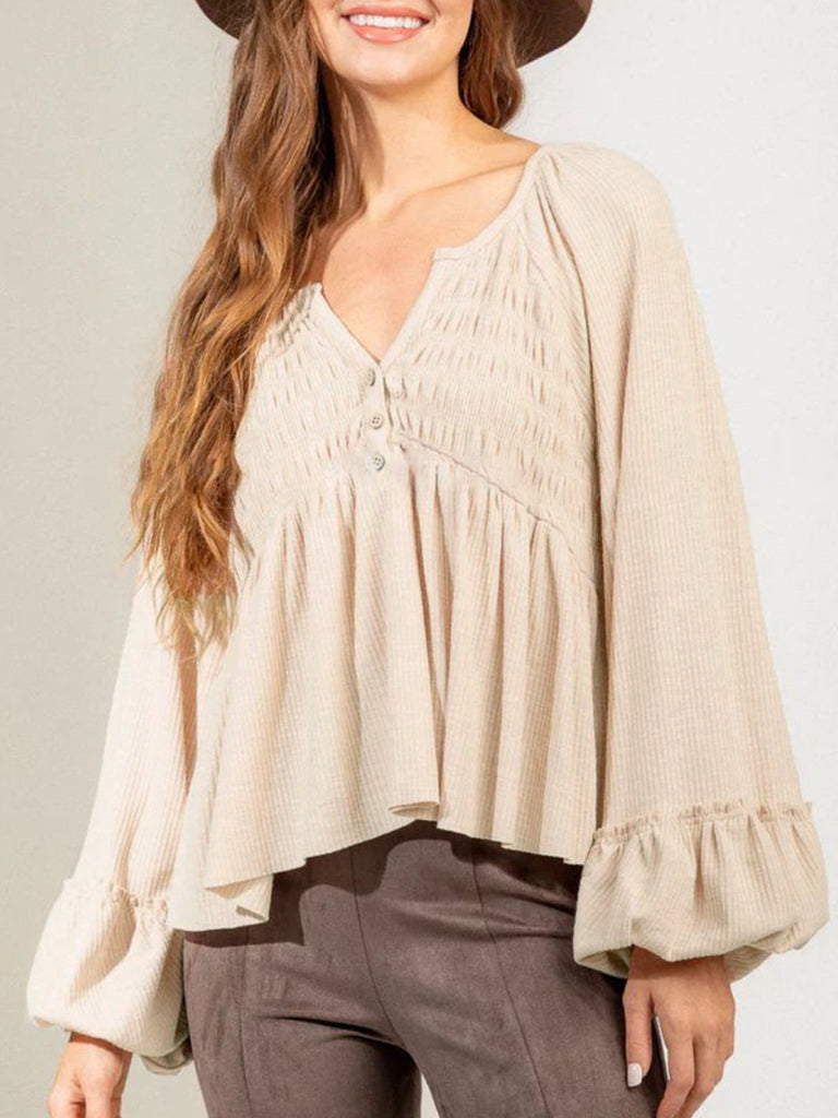 Notched Balloon Sleeve Peplum Blouse-Timber Brooke Boutique, Online Women's Fashion Boutique in Amarillo, Texas