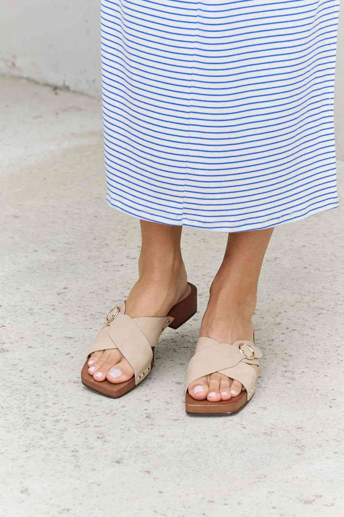 Forever Link Square Toe Cross Strap Buckle Clog Sandal in Sand-Timber Brooke Boutique, Online Women's Fashion Boutique in Amarillo, Texas