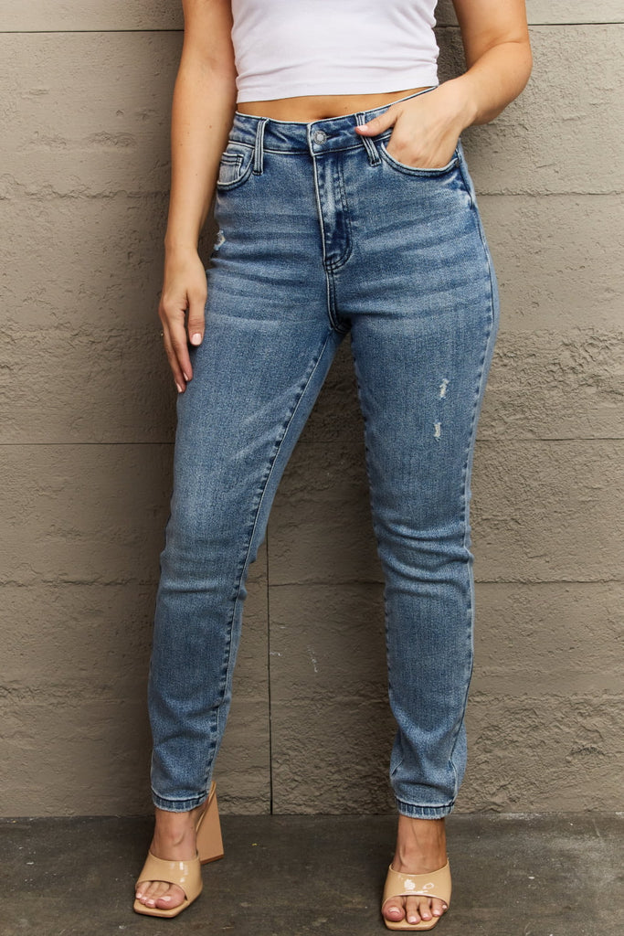 Judy Blue Kayla Full Size High Waist Distressed Slim Jeans-Timber Brooke Boutique, Online Women's Fashion Boutique in Amarillo, Texas