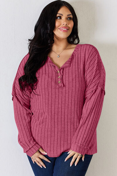 Basic Bae Full Size Ribbed Half Button Long Sleeve T-Shirt-Timber Brooke Boutique, Online Women's Fashion Boutique in Amarillo, Texas