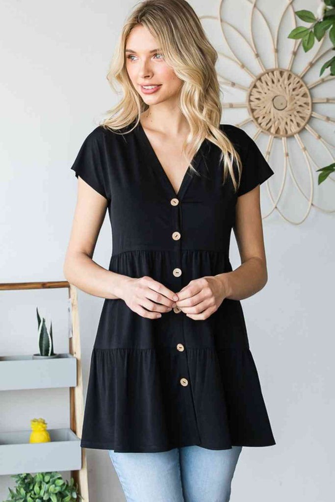 Heimish Full Size Buttoned V-Neck Tiered Top-Timber Brooke Boutique, Online Women's Fashion Boutique in Amarillo, Texas