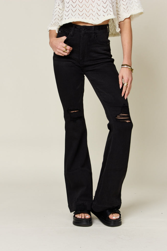 Judy Blue Full Size High Waist Distressed Flare Jeans-Timber Brooke Boutique, Online Women's Fashion Boutique in Amarillo, Texas