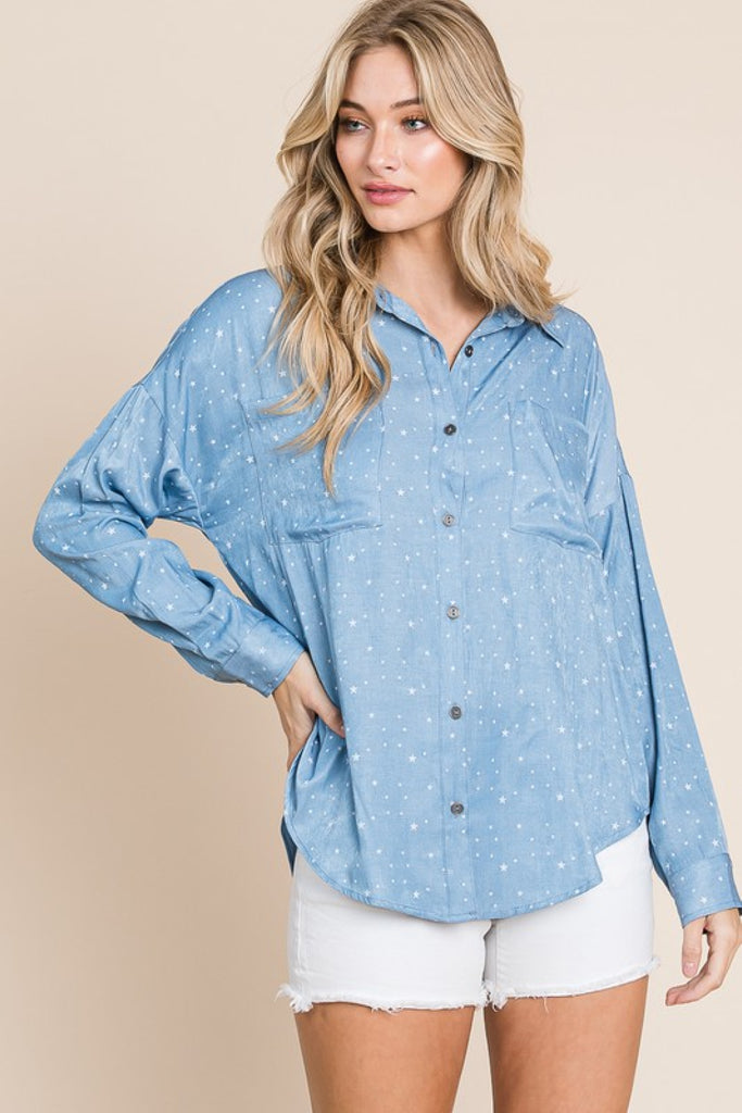 HEYSON Full Size You're A Star Button-Up Denim Look Shirt-Timber Brooke Boutique, Online Women's Fashion Boutique in Amarillo, Texas