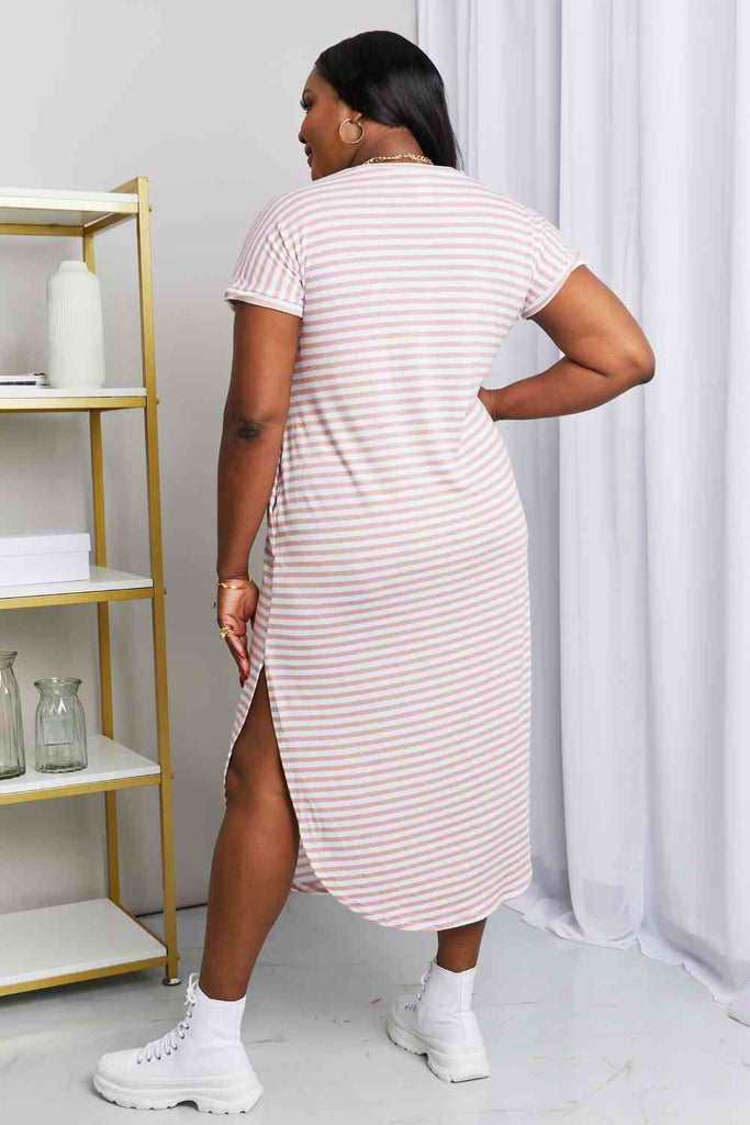 Heimish Full Size Horizontal Stripe Side Slit V-Neck Dress-Timber Brooke Boutique, Online Women's Fashion Boutique in Amarillo, Texas