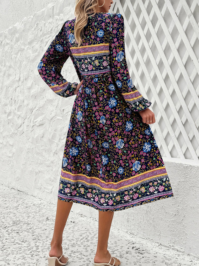 Tassel Tied Printed Long Sleeve Dress-Timber Brooke Boutique, Online Women's Fashion Boutique in Amarillo, Texas