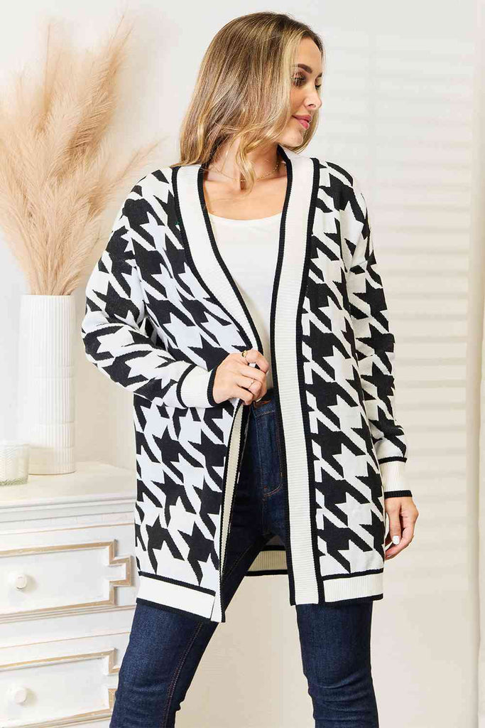 Woven Right Houndstooth Open Front Longline Cardigan-Cardigans and Wraps-Timber Brooke Boutique, Online Women's Fashion Boutique in Amarillo, Texas