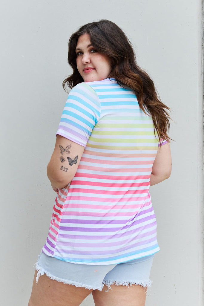 Heimish Out And Proud Full Size Multicolored Striped V-Neck Short Sleeve Top-Timber Brooke Boutique, Online Women's Fashion Boutique in Amarillo, Texas