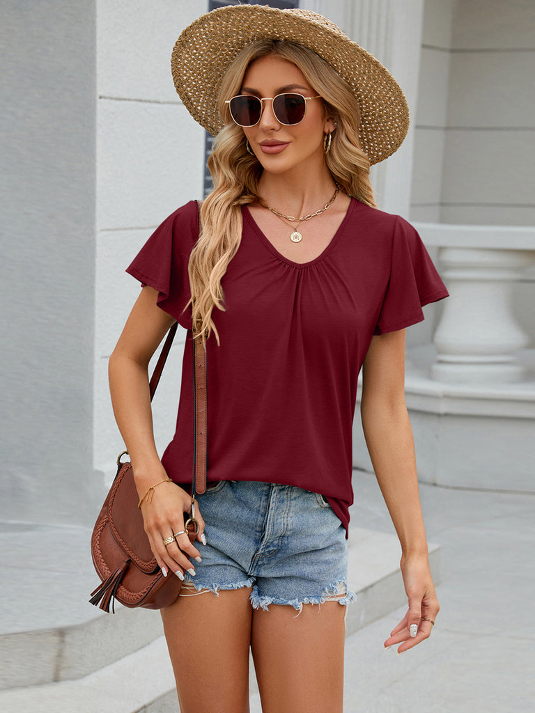 Ruched V-Neck Short Sleeve T-Shirt-Timber Brooke Boutique, Online Women's Fashion Boutique in Amarillo, Texas