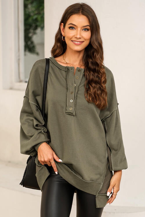 Buttoned Dropped Shoulder Sweatshirt-Timber Brooke Boutique, Online Women's Fashion Boutique in Amarillo, Texas