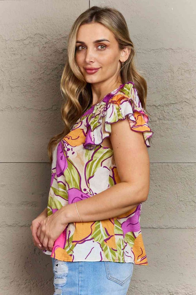 GeeGee Lovely Luxuries Floral Print Ruffle Sleeve Top-Timber Brooke Boutique, Online Women's Fashion Boutique in Amarillo, Texas