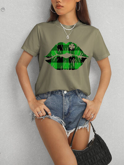 Plaid Lip Graphic Round Neck T-Shirt-Timber Brooke Boutique, Online Women's Fashion Boutique in Amarillo, Texas