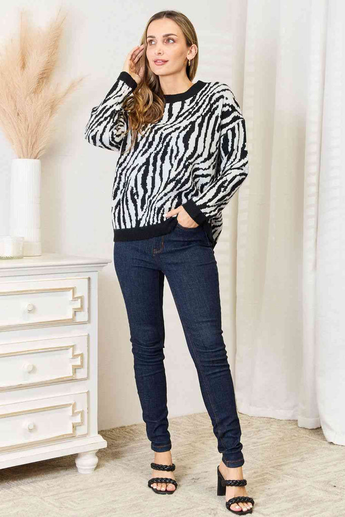 Heimish Full Size Zebra Print Sweater-Sweaters-Timber Brooke Boutique, Online Women's Fashion Boutique in Amarillo, Texas