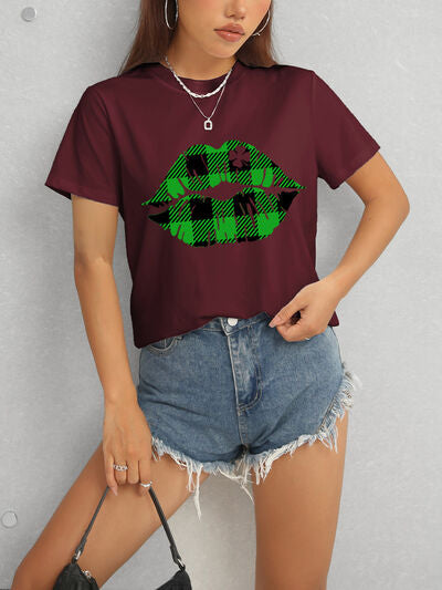 Plaid Lip Graphic Round Neck T-Shirt-Timber Brooke Boutique, Online Women's Fashion Boutique in Amarillo, Texas