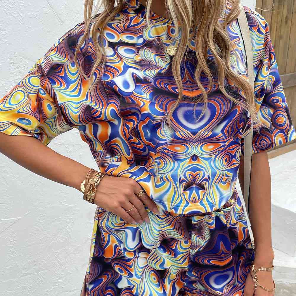 Printed Round Neck Dropped Shoulder Half Sleeve Top and Shorts Set-Timber Brooke Boutique, Online Women's Fashion Boutique in Amarillo, Texas