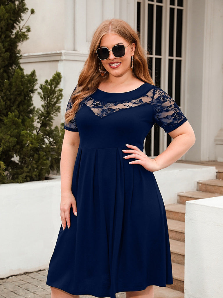 Plus Size Ruched Round Neck Short Sleeve Dress-Timber Brooke Boutique, Online Women's Fashion Boutique in Amarillo, Texas