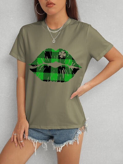 Plaid Lip Graphic Round Neck T-Shirt-Timber Brooke Boutique, Online Women's Fashion Boutique in Amarillo, Texas